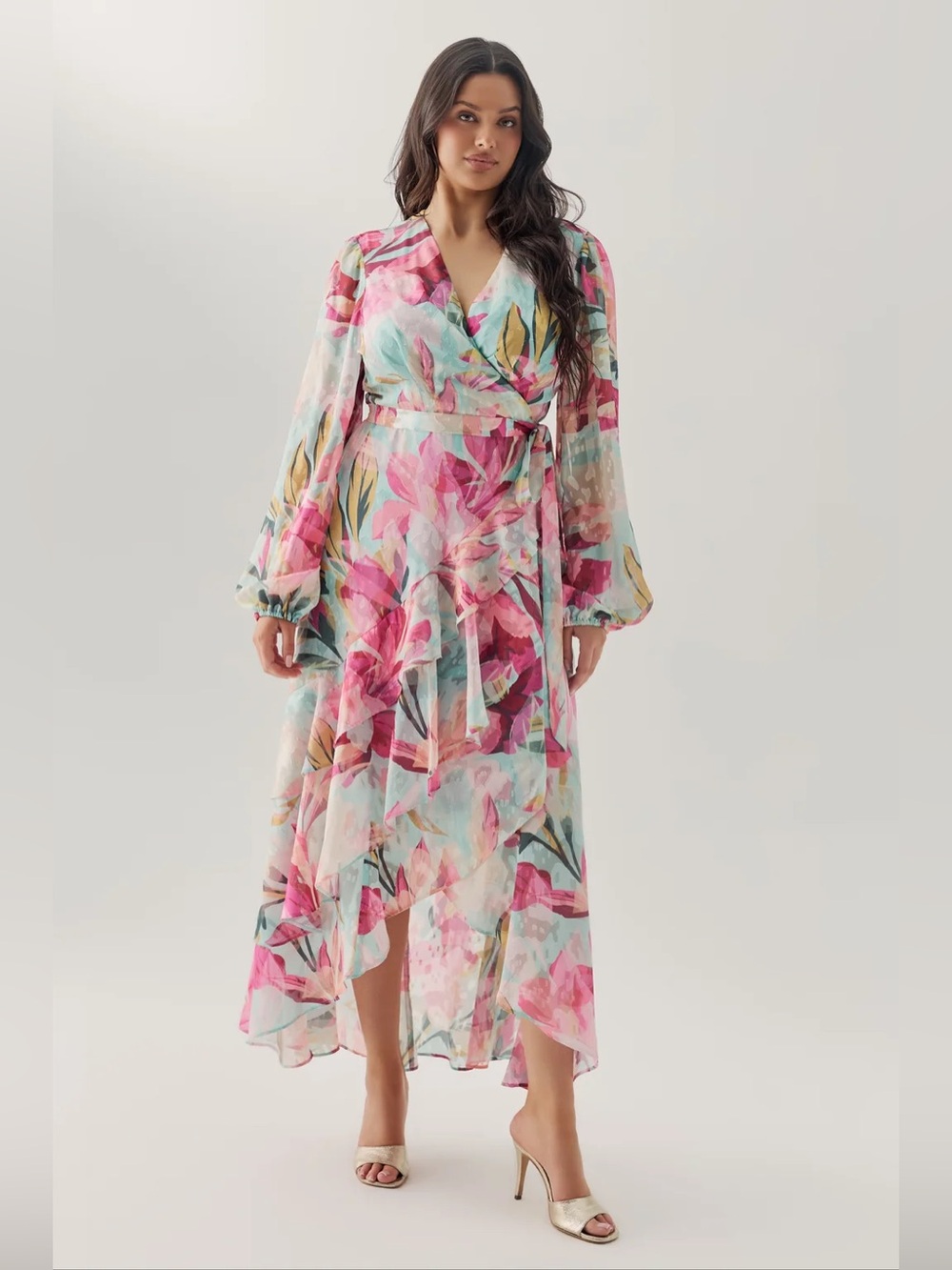 Hutch Sadey Floral Wrap Maxi Dress in Pink & Aqua